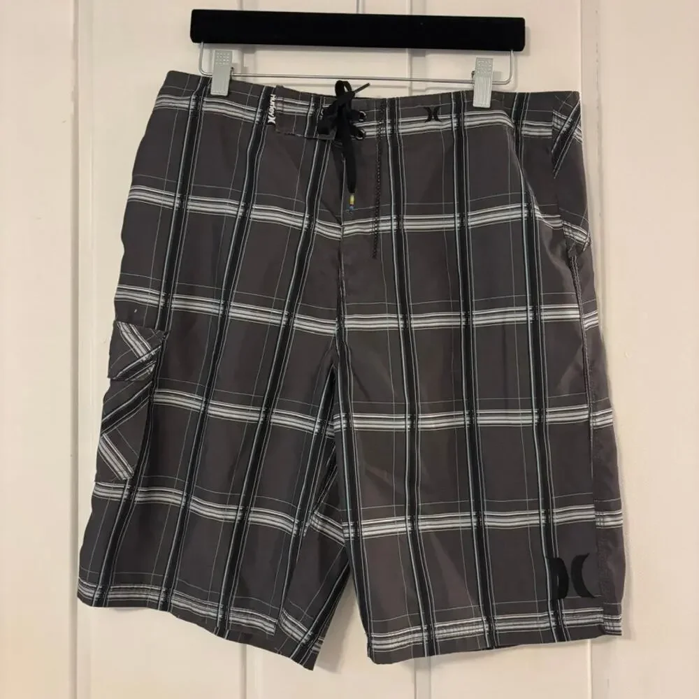 Hurley Mens Board Shorts Size 32 Gray Plaid Swim Trunks Surf